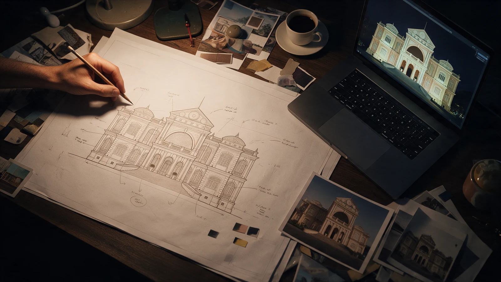 01 Concept & Vision: Architectural facade sketches and spatial concept planning