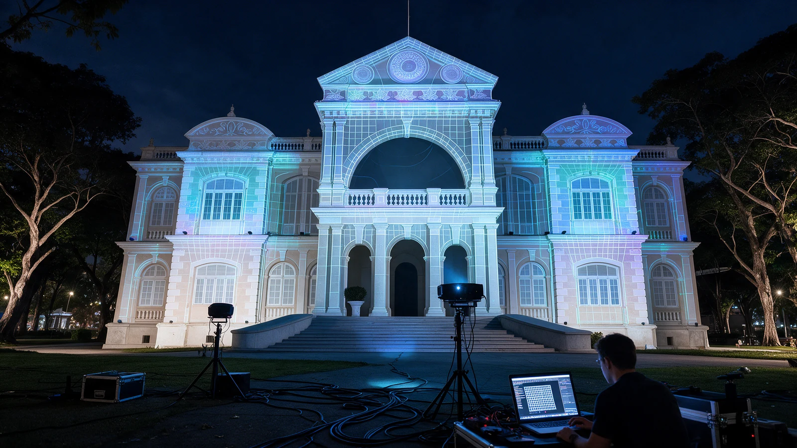 05 Hardware Deployment: High-lumen projection towers and precision laser grid alignment